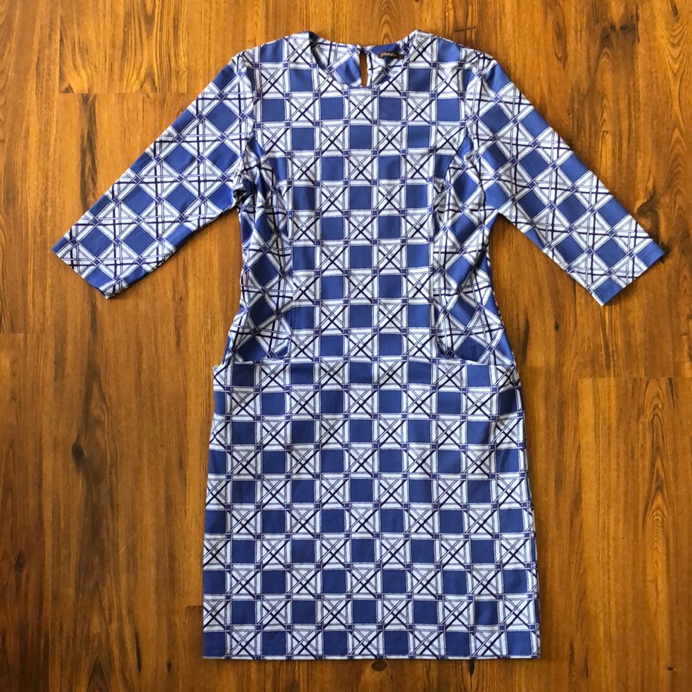 J. McLaughlin Large Geometric Pattern 3/4 Sleeve Mod Dress with Pockets